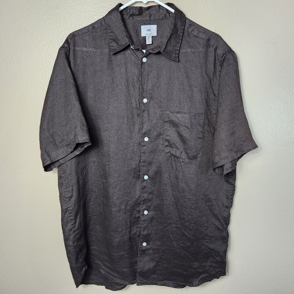 H&M Mens |L| Dark Brown 100% Linen Short Sleeve Buttonfront Shirt